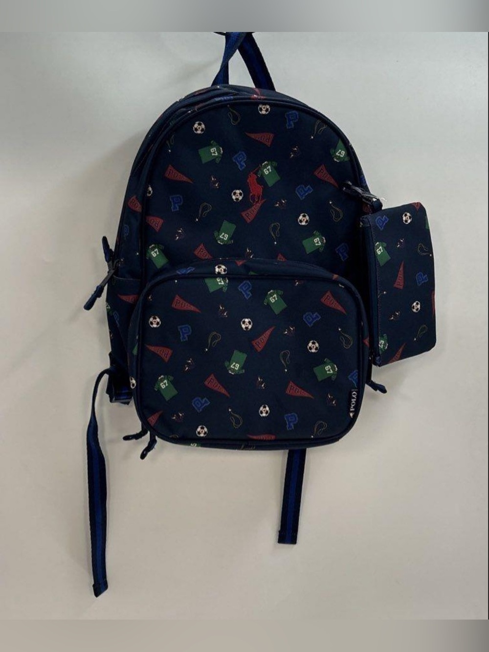 Kids Backpack Polo Ralph Lauren Soccer Print with Matching Pouch EUC YOUTH